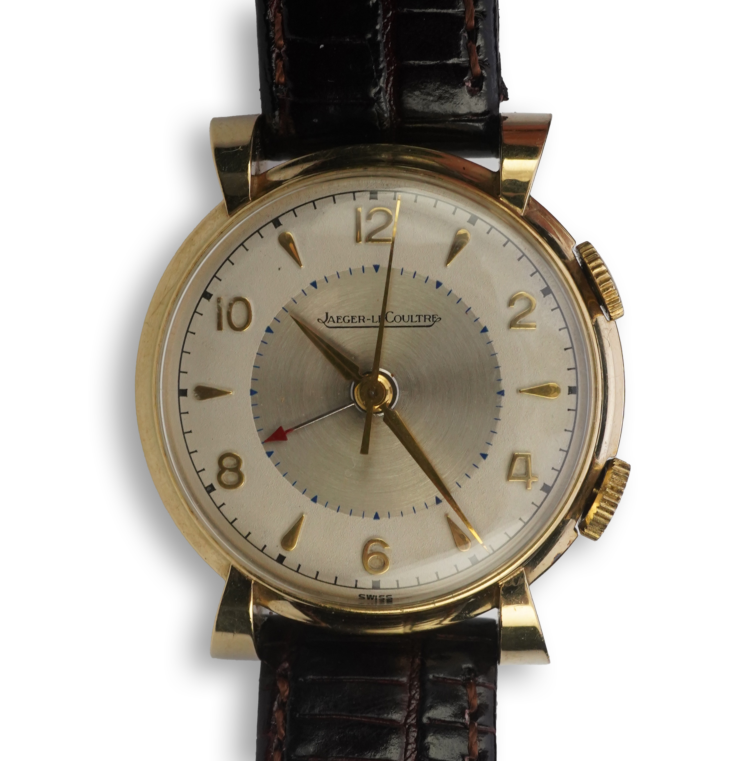 A gentleman's 1950's gold plated Jaeger LeCoultre Memovox manual wind wrist watch, on a later associated leather strap